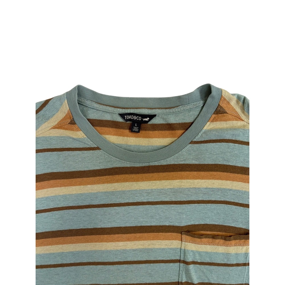 Toad&Co Mens Large Striped Pocket T-Shirt Blue Brown Earth Tone Crew Neck retro